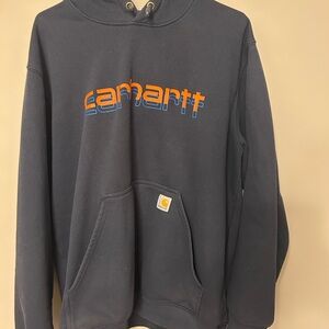 Carhartt Men's Navy Blue Hoodie with Orange Logo